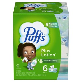 Puffs Plus Lotion Facial Tissue, 6 Family Size Boxes, 124 Tissues per Box