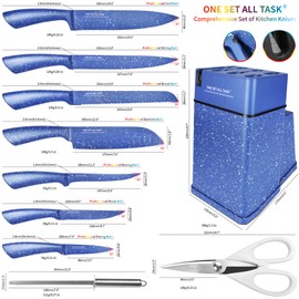 Knife Block Set, 15 Pcs Stainless Steel Professional Japanese Chef Knife Set, Carving Slicing Paring Bread Knife, Steak Knives, Blue Color