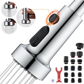 TIORIY Kitchen Faucet Spray Head Replacement with 15 Adapters, Plastic Spray Nozzle for Kitchen Faucet 3 Modes, Compatible with American Standard Faucets, Pause Mode (Chrome)