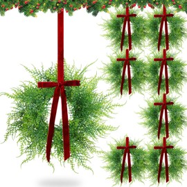 XunYee 8 Pack 11" Small Greenery Christmas Wreath with Velvet Bow Artificial Fern Green Wreaths Persian Grass Hanging for Christmas Front Door Home Window Fireplace Chair Indoor Outdoor Fence Decor