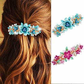 Jovono Haarspangen mit Blumenmuster, französisches Design, goldfarben, für Hochzeiten, Haarspangen mit Kristallen, Vintage-Haarschmuck für Damen (2 Stück) (Rosa+Blu)