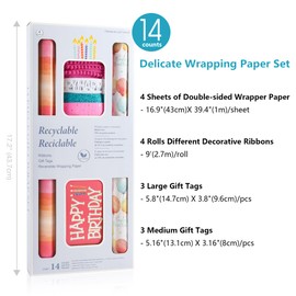 BIOBROWN Birthday Wrapping Paper Roll Set for Kids, Gift Wrap Bundle (4 Sheets, 18.88 sq. ft. ttl.) with Reversible Wrap Paper, Ribbons, and Tags for Baby Shower, Party - Balloons
