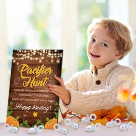 Thyle 51 Pcs Fall Pumpkin Cool Baby Shower Games Include Baby Pacifier Hunt Sign and 50 Acrylic Baby Pacifiers Mini Pacifiers for Baby Shower Game Gift Sets for Baby Gender Reveal(Fall Pumpkin)