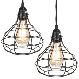 Rustic State Industrial Cage Pendant Light with 15' Black Fabric Plug-in Cord and Toggle Switch Includes Edison LED Bulb in Black Set of 2