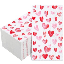 Affrolling 100 Pcs Valentine's Day Paper Napkins 7.87 x 4.33 Pink Red Watercolor Heart Cocktail Napkins 3 Ply Disposable Love Heart Dinner Hand Towels for Romantic Wedding Anniversary Party Supplies