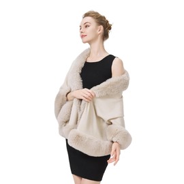 BEAUTELICATE Faux Fur Shawl Winter Wedding Wraps Bridal Bridesmaids Stole Shrug Women Knitted Cape Cardigan(One Size, Beige)