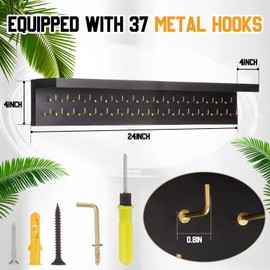 Threehoney Wooden Medal Hanger Display Trophy Holder Shelf with 25/37/49/65/83 Hooks Wall Mount Ribbon Holder Gift for Gymnastics Running Soccer Awards(2ft/24inch,Black Shelf Golden Hooks)