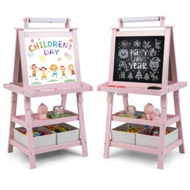 CHEFJOY Art Easel for Kids, Wooden Standing Painting Easel w/White Board & Chalkboard, Paper Roll, Magnetic Beads, Pigment Cups, 2-Tier Rack with 2 Storage Bins, Double-Sided Toddler Easel (Pink)