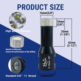 HXIN Brazed Diamond core Drill bit with 5/8"-11 Diamond Hole Saw for Dry or Wet Drill on Hard Porcelain Ceramic Tile Granite Marble Masonry Used on Universal Angle Grinder 16mm (5/8")