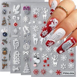 Christmas Nail Stickers, 3D Embossed Snowflake Nail Decals with Rhinestones Snowflake Bell Xmas Tree Reindeer Winter Nail Art Design for Women Girls(4 Sheets)