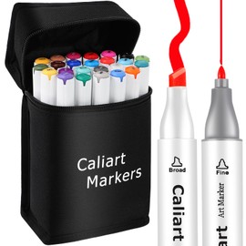 Caliart Alcohol Based Markers, 24 Colors Art Marker Set Fine & Chisel Dual Tip, Permanent Colored Pens for Adults Coloring Book Artists Illustration Sketch Lettering Drawing Cards Planner