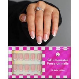 SUPNAIL 16 Sizes French Oval Press-on Nails, Short Round, Reusable 32pcs Glossy Fake Nails with Glue and Jelly Stickers (Classy French)