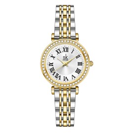 SK Fashion Crystal-Accented Watch for Women with Roman Numerals, Easy Read Dial Watch. (Silver-Gold)