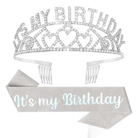 Aushamtai Birthday Girl Princess Crown for Women Girls Princess Birthday Silver Tiaras Birthday Sashes