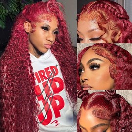 UTracycoy 99j Burgundy Lace Front Wigs Human Hair 13x6 Deep Wave HD Lace Front Wigs Pre Plucked with Baby Hair 180 Density Glueless Wet and Wavy Red Wine Colored Wigs Human Hair for Women 32 Inch