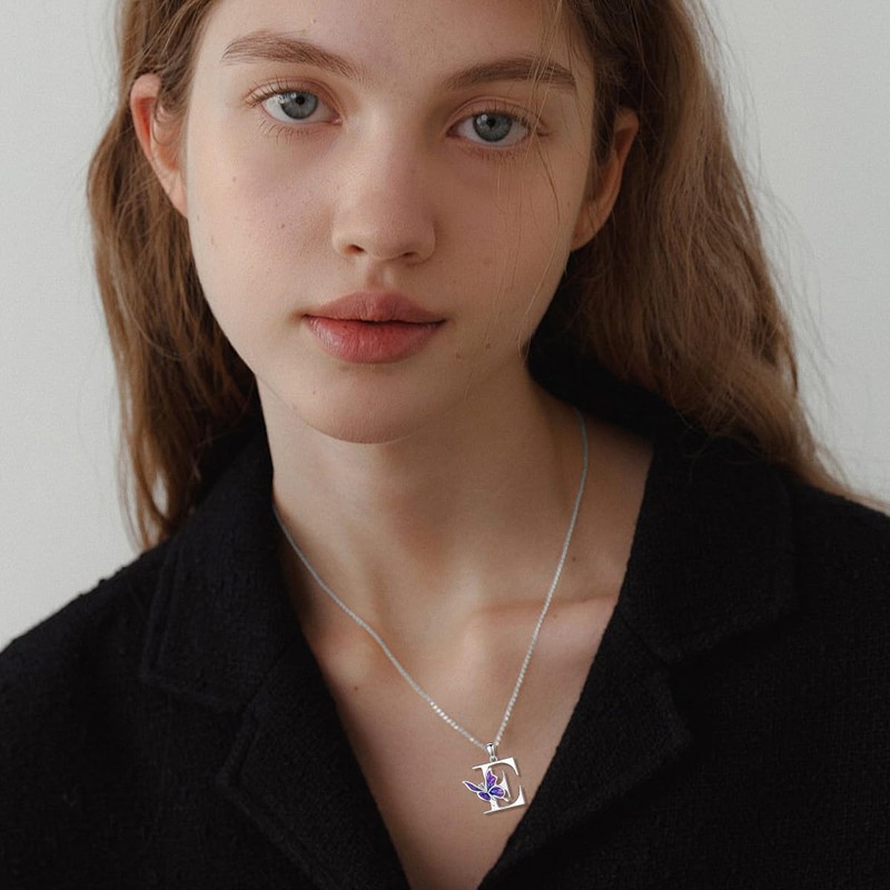 LONAGO Initial E Necklace for Women 925 Sterling Silver Purple