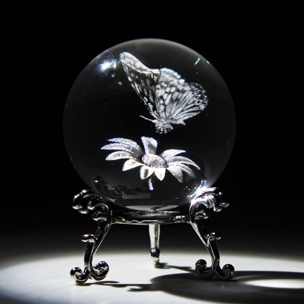 HDCRYSTALGIFTS 3D Laser Crystal Butterfly Flower Figurine Crystal Decorative Ball Paperweight with Silver-Plated Flowering Stand Glass Sphere Home Decor Gift (60mm,2.4inch)