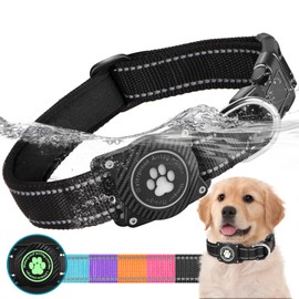 OKVSKO Airtag Dog Collar, Nylon Collar with Waterproof Air Tag Holder, Luminous Reflective Adjustable Pet Collar for Small Medium Large Heavy Duty Dogs,Black, M