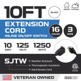 Iron Forge Cable 10 Ft Black Outdoor Extension Cord with Waterproof Inline Switch On/Off, SJTW 16/3 Inline Cord Switch for Outdoor & Indoor, Weatherproof Extension Cord with Inline Switch - ETL Listed