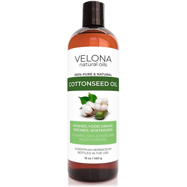 Cotton Seed Oil by Velona - 16 oz | 100% Pure and Natural Carrier Oil | Refined, Cold pressed | Cooking, Skin, Face, Body, Hair Care | Use Today - Enjoy Results