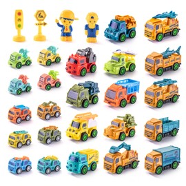 SeventhDuck Pull Back Racing Toy Vehicles Set - 28Pcs Pull Back Cars Mini City Cars with Roadblocks and Characters - Party Favors, Birthday Gifts, Christmas for Boys Girls Children