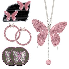 U&M 7 Packs Bling Butterfly Car Accessories for Women Interior Cute Set, Crystal Rear View Mirror Charms Ring Emblem Cup Coasters Butterflies Air Vent Fresheners Clips (Pink)