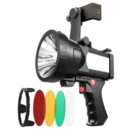 BIGSUN Q984 LED Spotlight 1600000 High Lumens Flashlight with 4 Color Lenses and Phone Holder, 14000mAh Battery & COB Floodlight Outdoor Search Light for Camping,Hunting