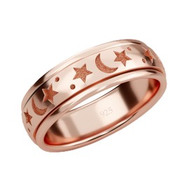 SHOP LC Spinner Rings with Moon and Star Engraving/Vintage Sterling Silver Rings for Women Anti Stress Rings Fidget Spinner 925 Sterling Silver Stamped Platinum Plated Unisex Band Rings, No gemstone
