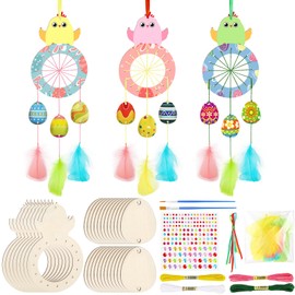 MWOOT 8 Pcs Wooden Easter Dream Catcher Craft Kits, DIY Handmade Chick Shape Dreamcatcher with Feather, Hanging Ornaments for Easter Bedroom Wall Window House Decoration