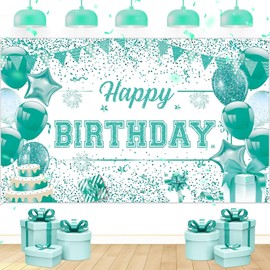 Teal Birthday Decorations for Women Men Large Teal and White Birthday Banner Turquoise Blue Happy Birthday Backdrop for Teal Birthday Baby Shower Party Supplies