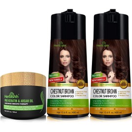 Herbishh Hair Color Shampoo for Gray Hair – PPD-Free Hair Dye Shampoo and Conditioner 2 Pack + Pro Keratin Argan Oil Hair Mask for Dry, Damaged Hair 150mL (Chestnut)