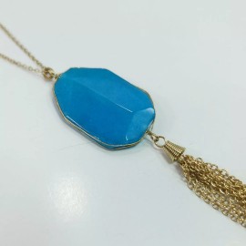 Fashion Jewelry N0256 Gold Color Blue Tone Faux Stone Chain Tassel Dangle Pendant Long Necklace