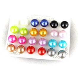 Ball Post Earrings 12 Pair Big Faux Pearl Bead Stud Multi Color Set Pack Adorable Statement Jewelry Earrings for Women