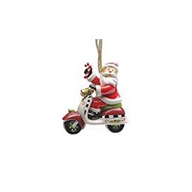 Fine Ceramic Christmas Santa Riding Scooter Moped Motorcycle Hanging Ornament, 3.5" H