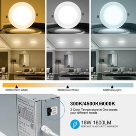 6 Pack 7 Inch 3CCT Ultra-Thin LED Recessed Light with Junction Box, 3000K/4500K/6000K Selectable, 18W Eqv 125W, Dimmable Ceiling Lights 1600LM Brightness Canless Wafer Downlight