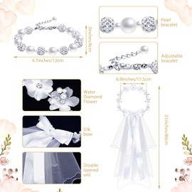 Funtery 6 Pcs Girls First Communion Veils Set White 1st Communion Flower Wreath Veil Headpiece Sock Necklace Bracelet Kid Wedding(Classical Style)