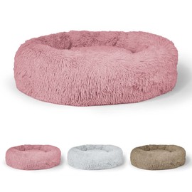 BOWHAUS 24/30 Inch Calming Donut Pet Bed for Small/Medium Cats and Dogs, Anti-Slip Bottom, Washable, Anti-Anxiety Fluffy Round Cat Bed, Indoor Shaggy Cuddler Cotton Candy Brown, Light Gray, Pink Bed