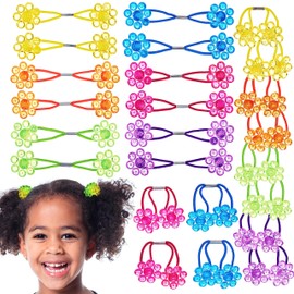 24pc Ponytailers Flower Twin Bead Ponytail Hair Elastics Collection - Flower-Shaped Bright Multicolored Twin Hair Beads Bauble Hair Ties Ponytail Holders, Kids Bobble Hair Tie Value Pack