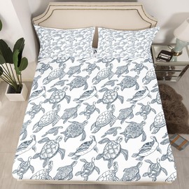 Erosebridal Tortoise Fitted Sheet Deep Pocket for Kids Boys Girls Sea Turtle Bedding Set Ocean Life Animal Sheet Set Twin Size Underwater Oasis Bottom Sheet for Teens Adult, Grey with 1 Pillow Case
