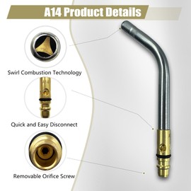 0386-0105 A-14 1/2" Turbo Torch Tips for G-4 or PLF-A5 Handles, Soft Solder 2 to 3-1/2", Silver Braze 1 to 2", Air Acetylene, Manual Lighting, Quick Connect, Removable Orifice Screw