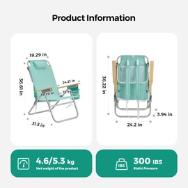 SUNNYFEEL High Back Folding Beach Chair, Tall Beach Chair with 3 Reclining Position, Portable Camping Chair for Adults with Wood Armrest, Lightweight Camping Chair 300 lbs Heavy Duty, Green, 2 Pack