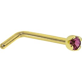 Body Candy Solid 18k Yellow Gold 1.5mm (0.015 cttw) Genuine Purple Diamond L Shaped Nose Stud Ring 20 Gauge 1/4"