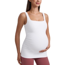 CRZ YOGA Butterluxe Womens Square Neck Maternity Tank Tops Ruched Sleeveless Pregnancy Yoga Tee Shirt with Built in Bra White Small