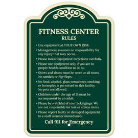 Fitness Center Rules Use Equipment at Your Own Risk Décor Sign, Greeen Dark, 12x18 Inches, ACM, Fade Resistant, Made in USA