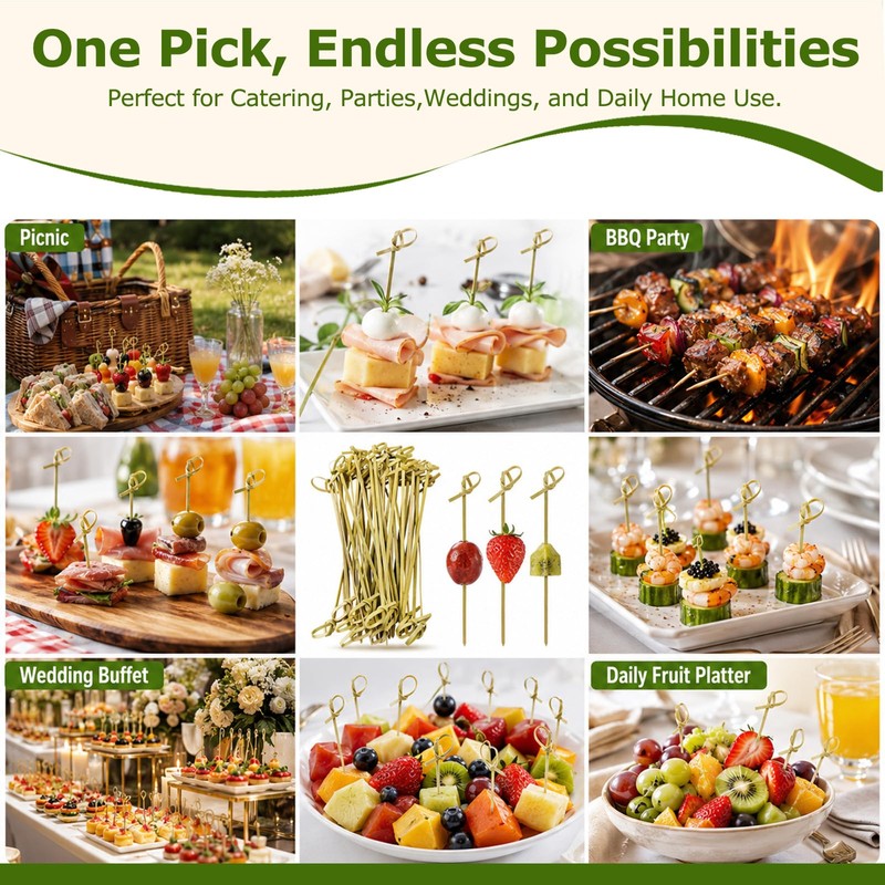Cocktail Sticks Bamboo Skewers 12cm Green 100 Pack Horyue