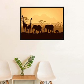 DIY 5D Diamond Painting by Number Kit, Orange Safari African Animals Silhouettes in Sunset Yellow Africa Diamond Embroidery Paintings Cross Stitch for Home Decor, 12x16 Inch
