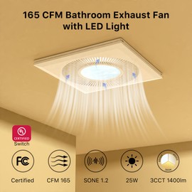 FWASTT Bathroom 12IN Exhaust Fan with Light 165CFM 3CCT Shower Bathroom Vent Fan with 1400lm Led Light Combo Quiet 1.2 Sones Bath Ceiling vent with Adjustable Led Light (4000k Frosted White)