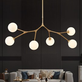 Modern 6 Lights Sputnik Chandelier for Dining Room L45’’ Gold Pendant Light Fixture with Milk Glass Shade Large Mid Century Chandelier for Kitchen Island Bedroom Living Room
