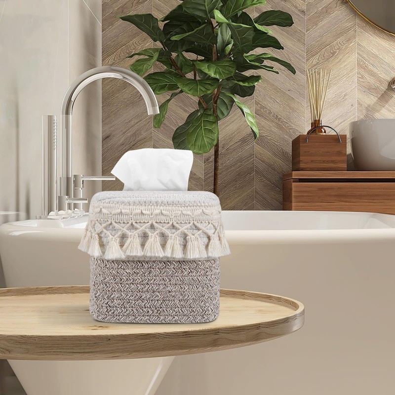 Natural Boho Tissue Box Cover: Handwoven Square Holder with Tassel