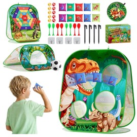 4-in-1 Dinosaur Bean Bag Toss Game for Kids, Cornhole Board Set with Dart Board for Toddler Outdoor Toys, Family Party Game Backyard Beach Lawn Activities Gift for Boys & Girls Ages 3 4 5 6 7 8